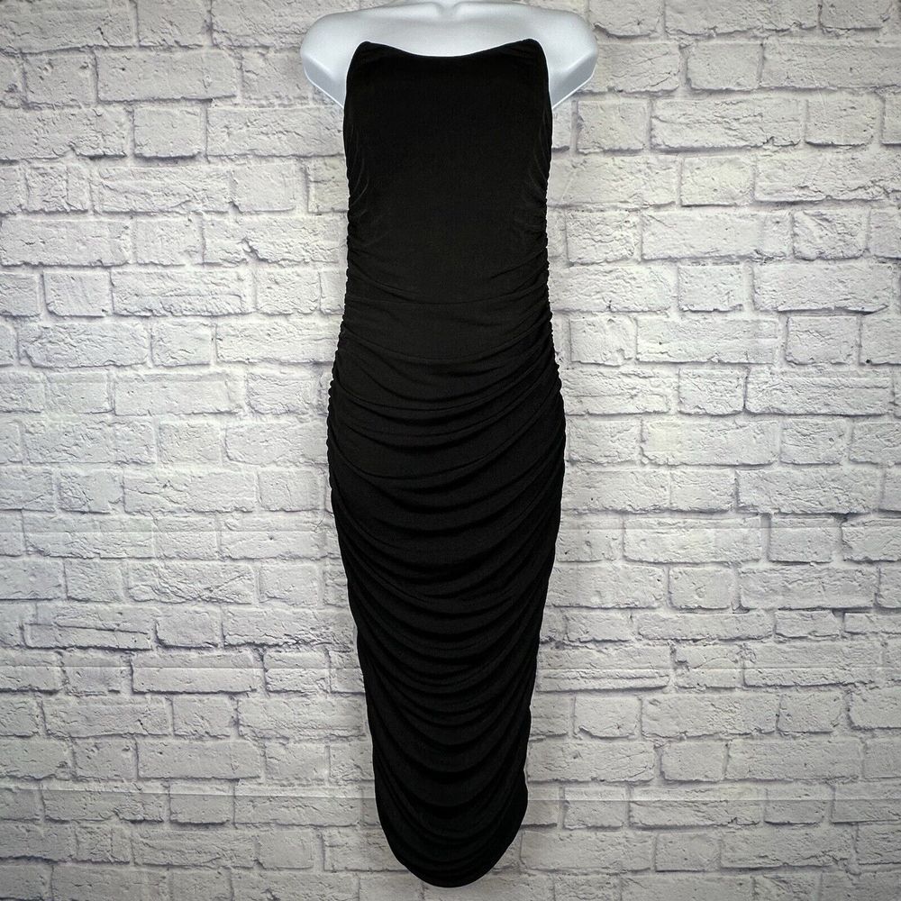 Fiestar Bodycon Dress‎ MED Black Ruched Chiffon Midi Stretch Strapless Y2K Rave